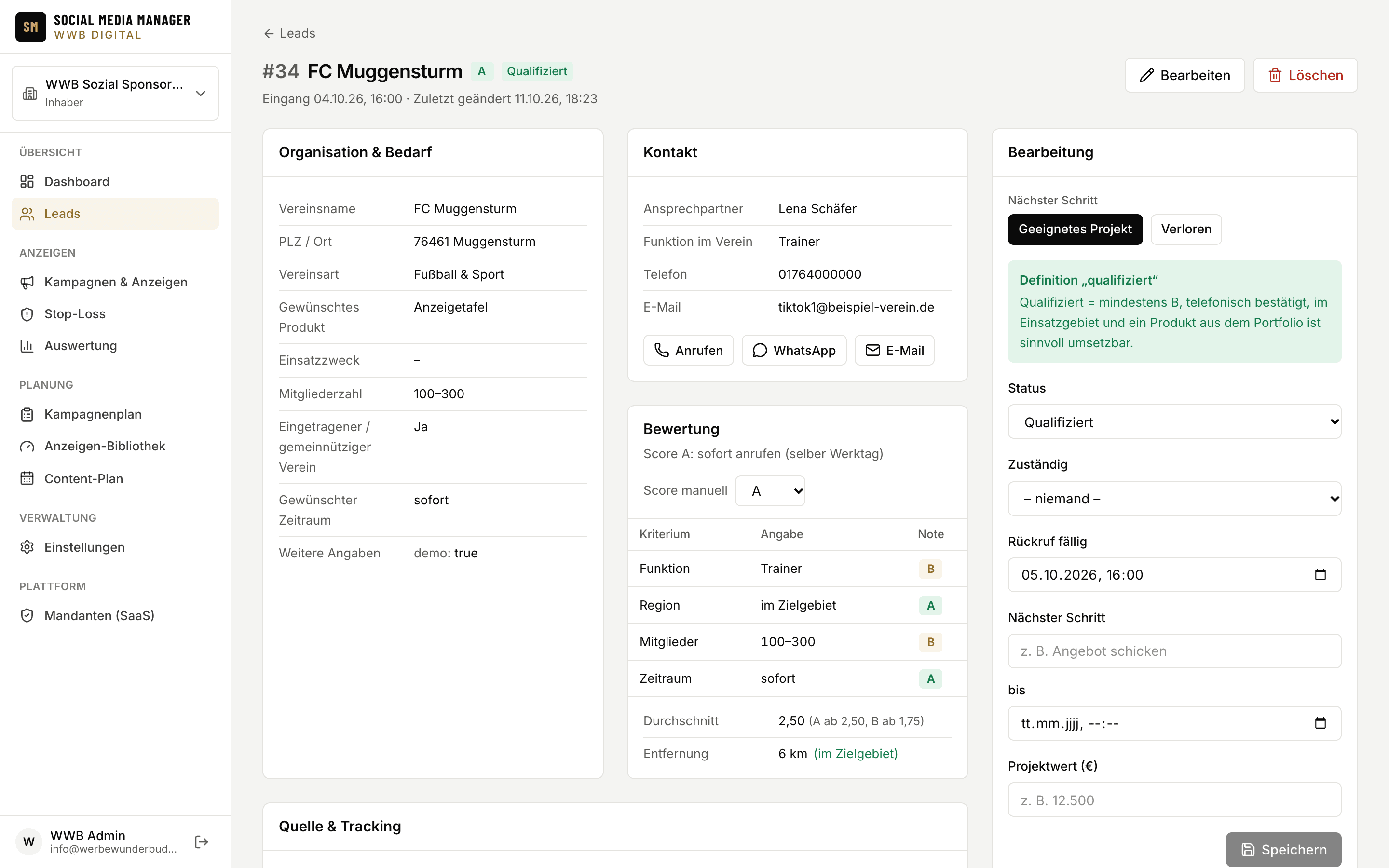 Lead-Detailansicht mit Score, Kontakt und Bearbeitung